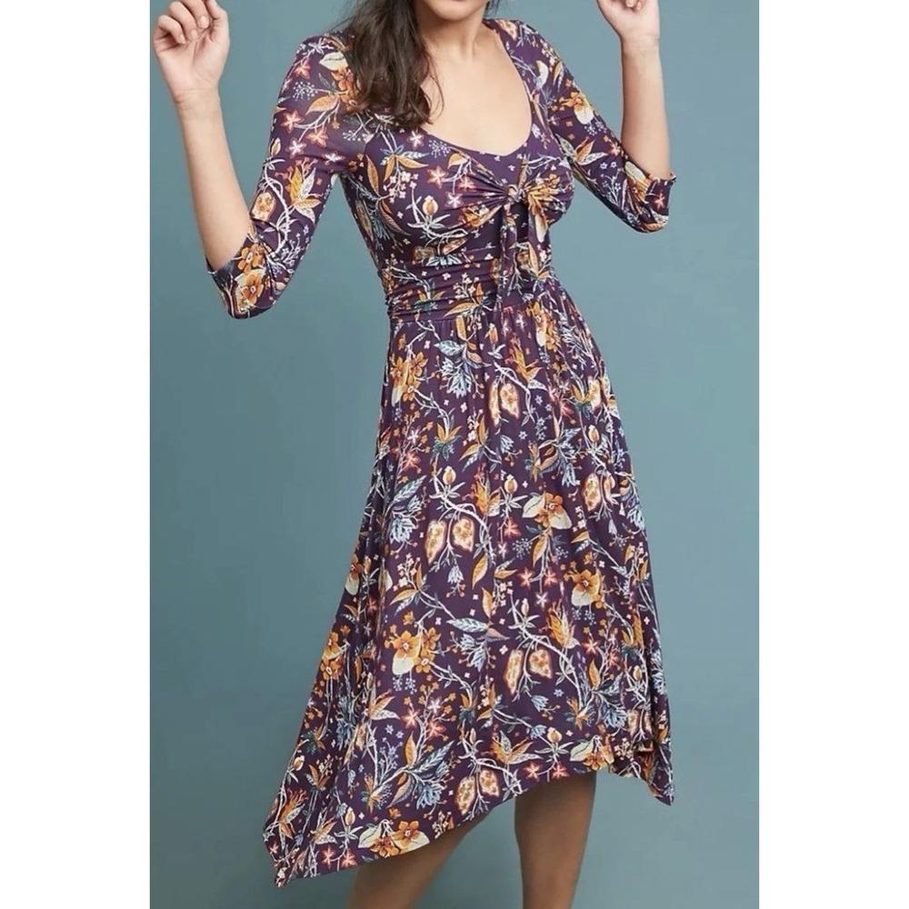 Anthropologie Maeve Women's L Beloved Floral Tie Front Midi Dress - Read